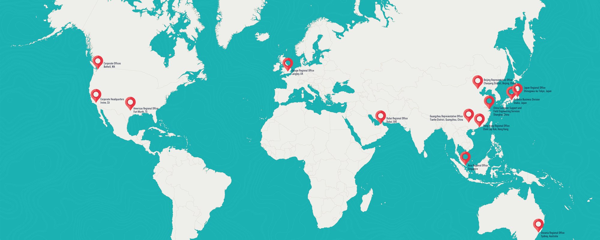 World map with locations of corporate and regional offices marked by red pointers in North America, Europe, Asia, and Australia.