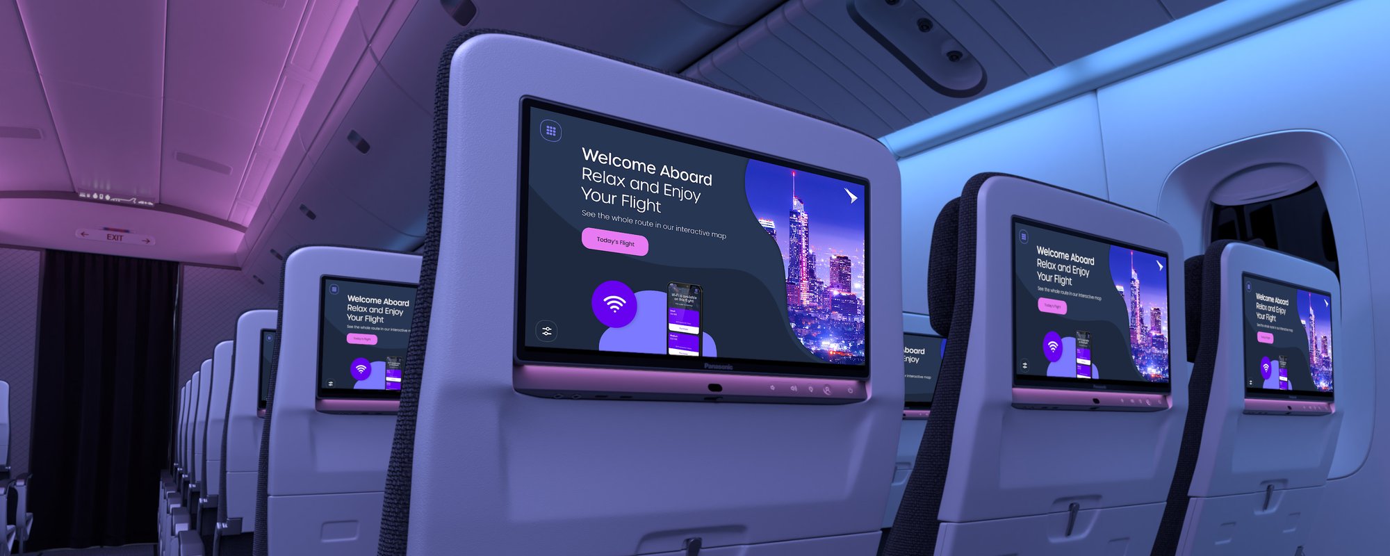 A row of airline seats with Atrova screens on the seatback