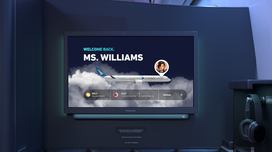 Personalized home screen with customer info on Astrova first class monitor