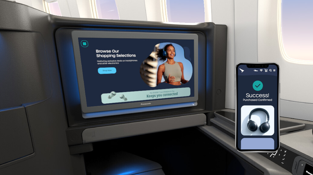 Headphone purchase shown on smart phone next to Astrova business class monitor