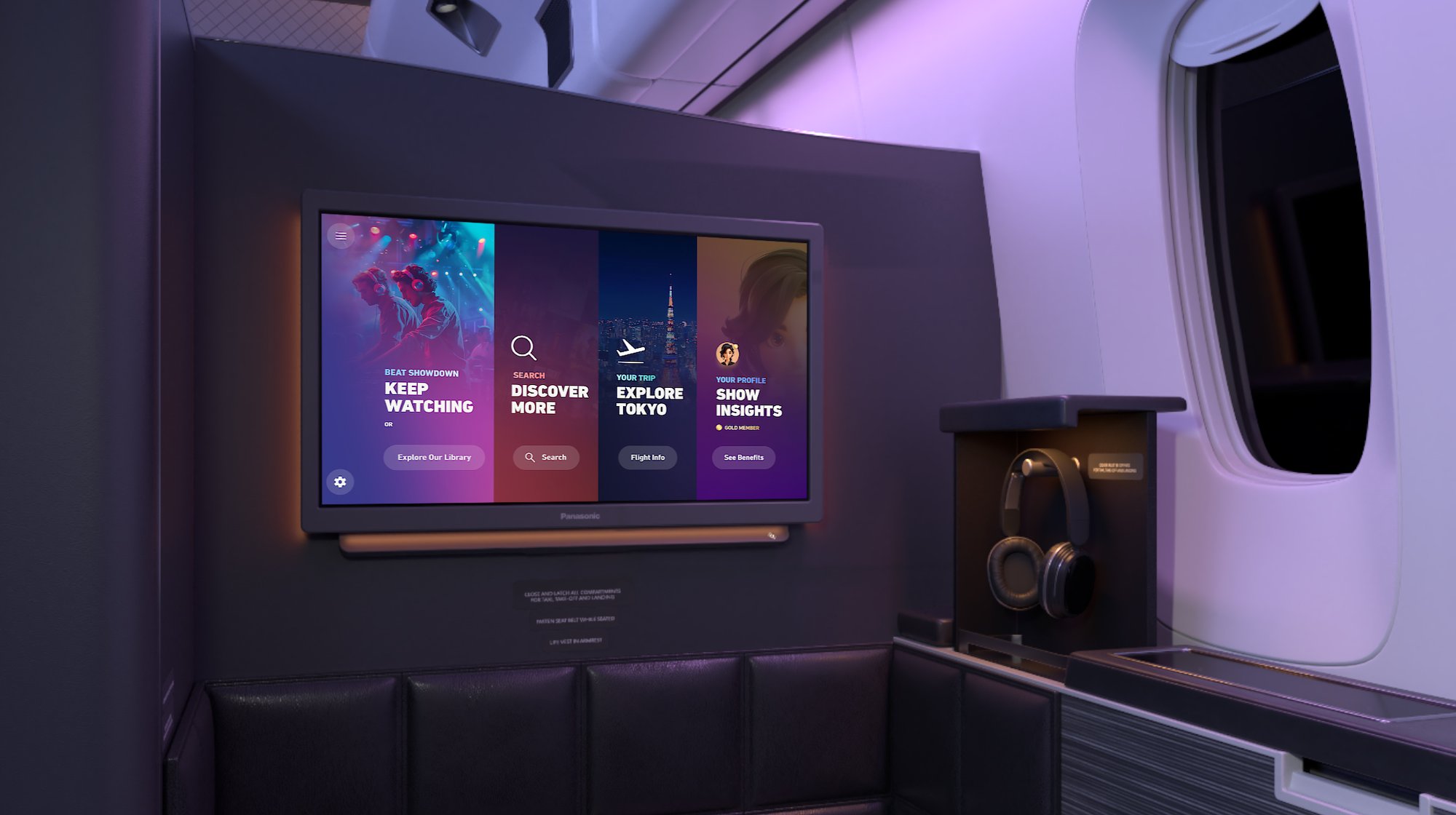 An Astrova screen in a first-class seat displaying a personalized passenger welcome screen