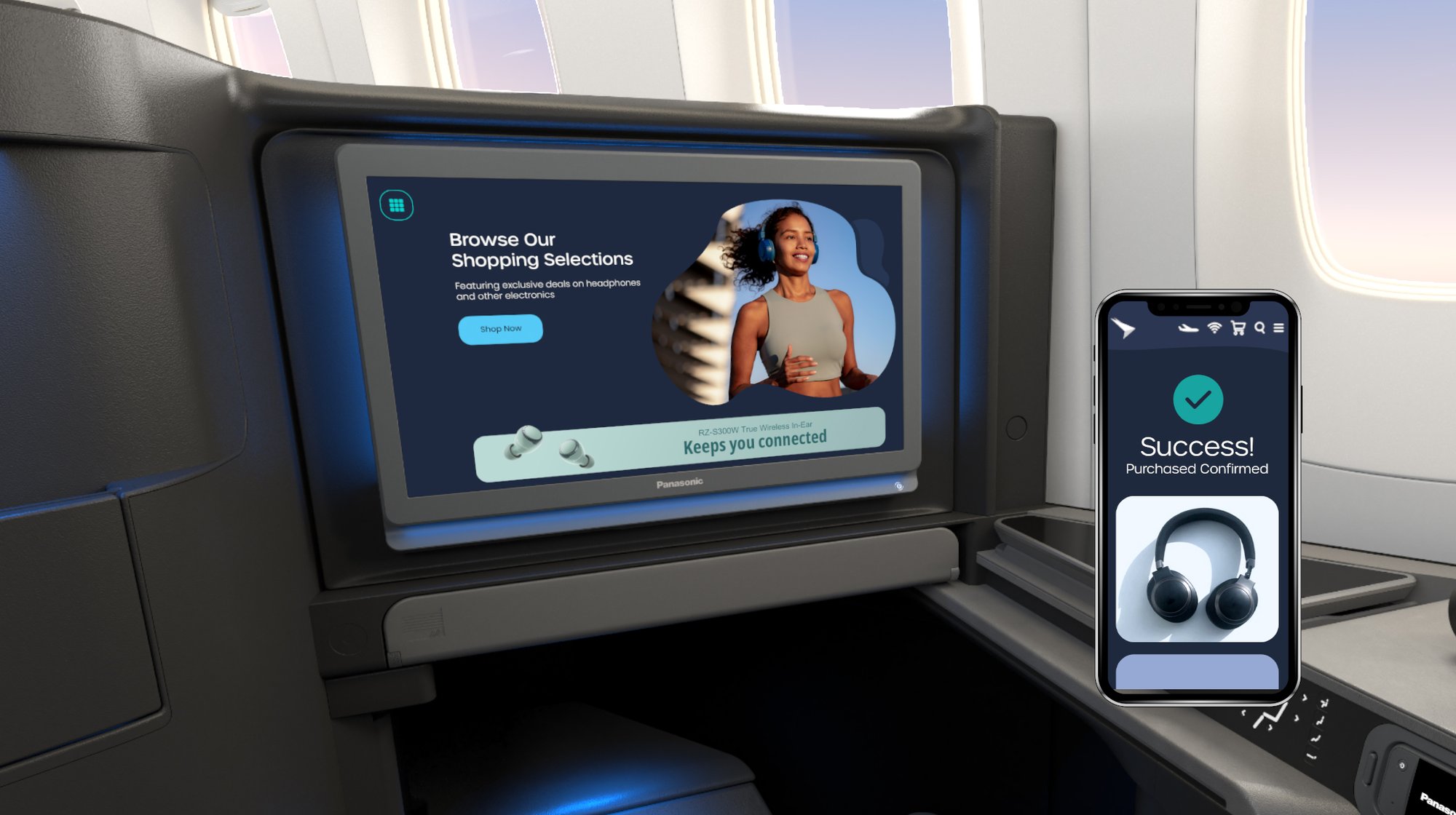 A business class seat with an Astrova screen displaying a shopping landing page with a wirelessly connected phone showing a successful purchase.
