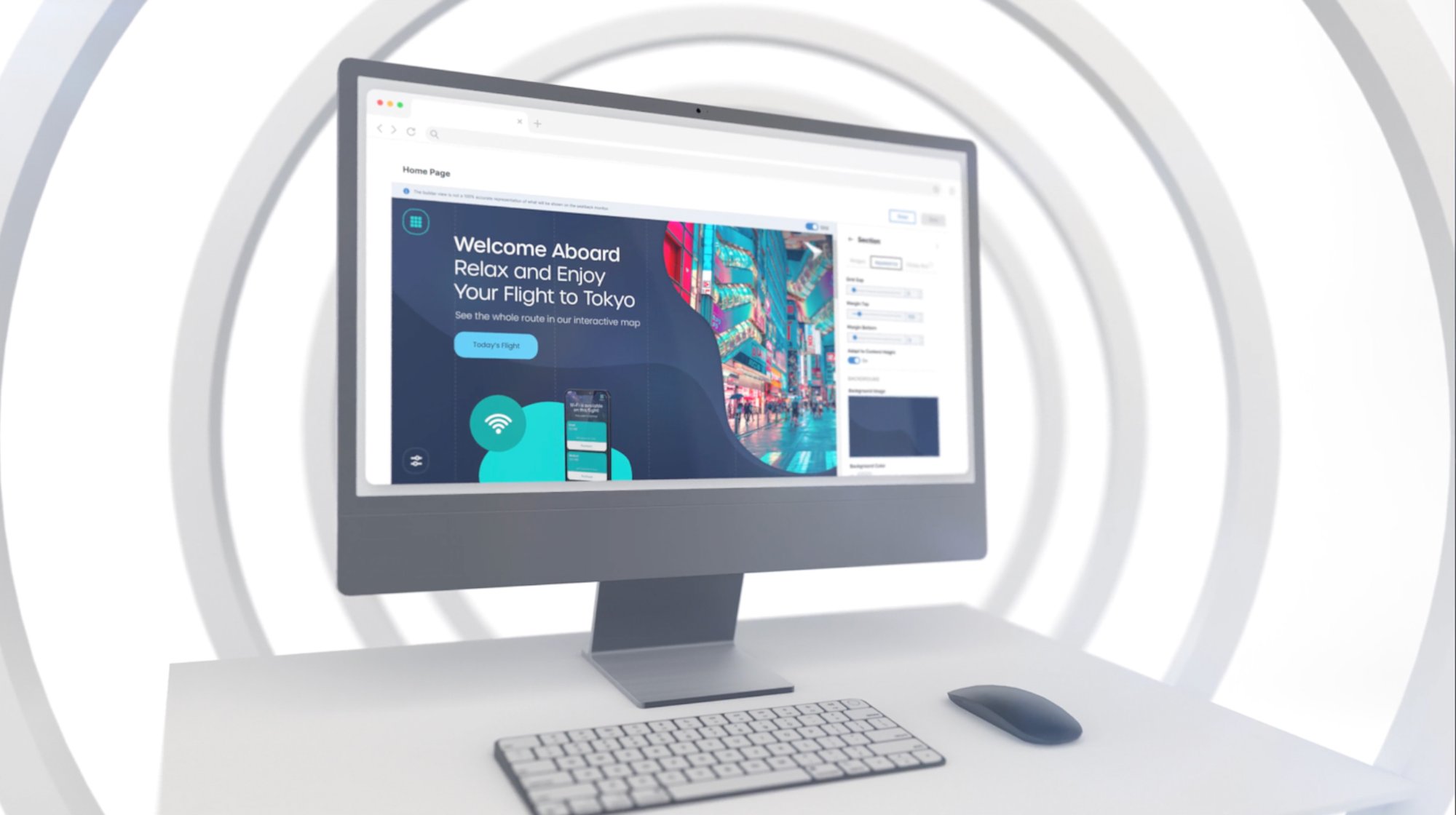 A desktop showing the MI Studio and a seatback screen being customized