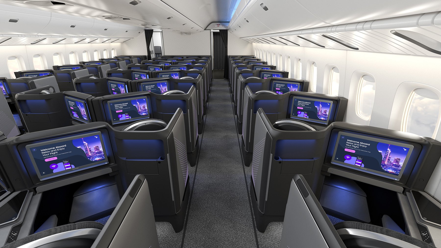 Multiple Astrova screens in a business-class cabin