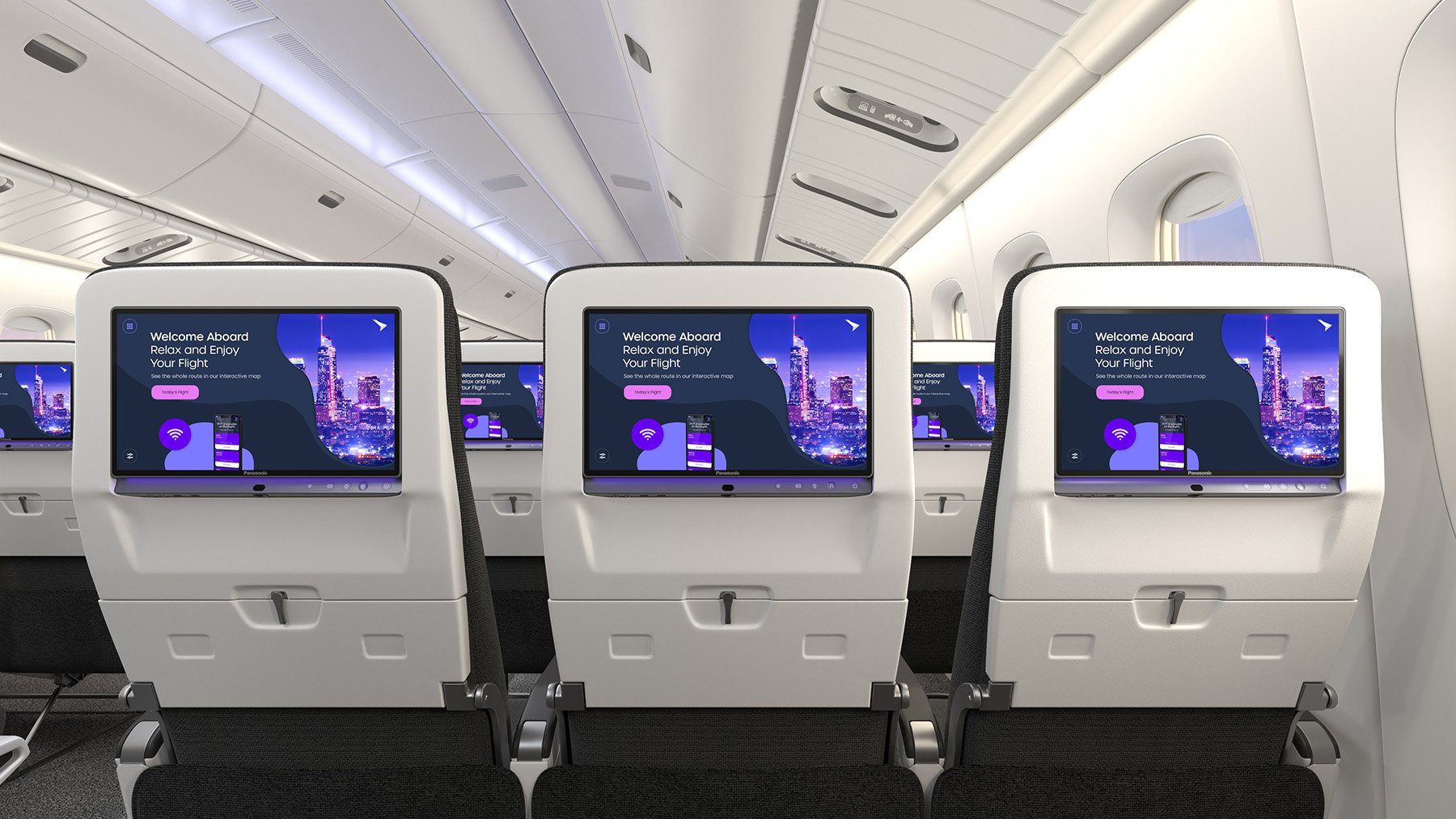 Astrova screens on a row of seat backs on the economy narrow class seats