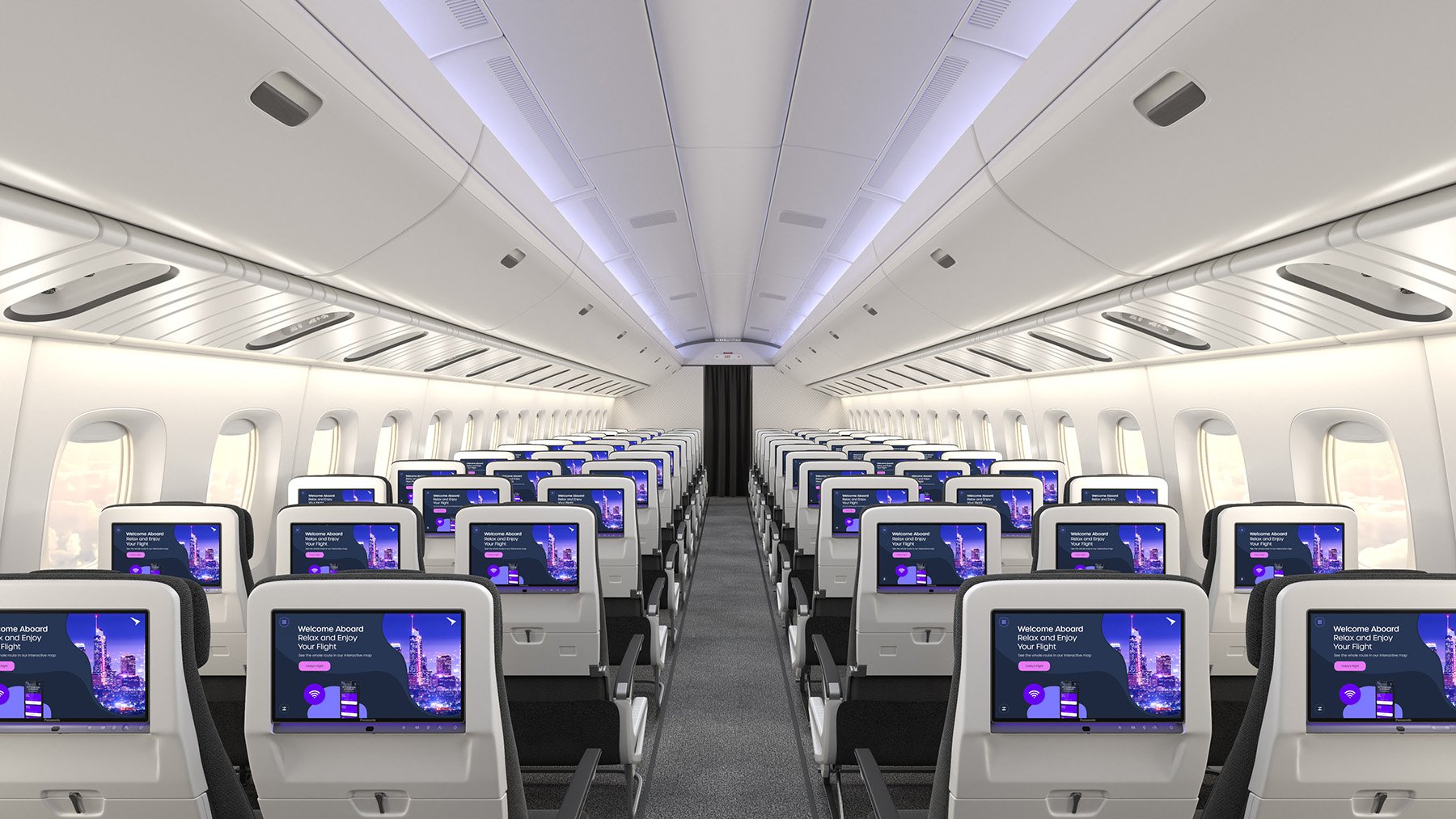 Multiple Astrova screens on the economy narrow seatbacks in a cabin