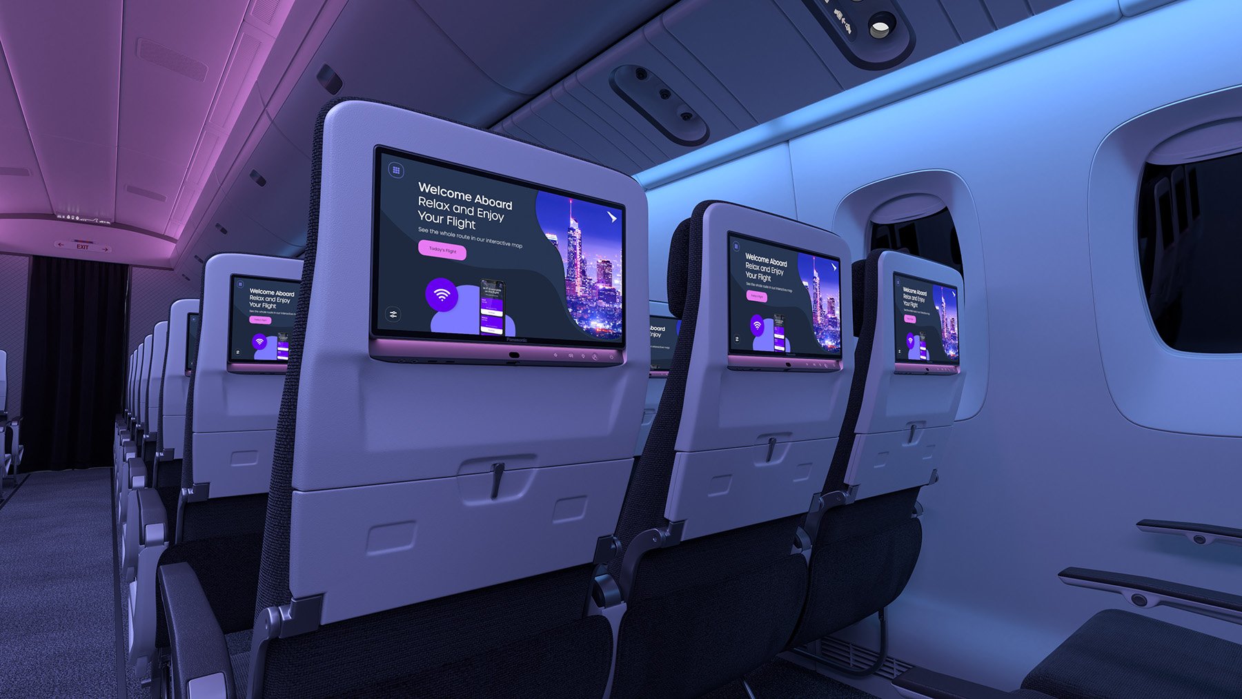 Astrova screens on a row of seat backs on the economy narrow class seats at night
