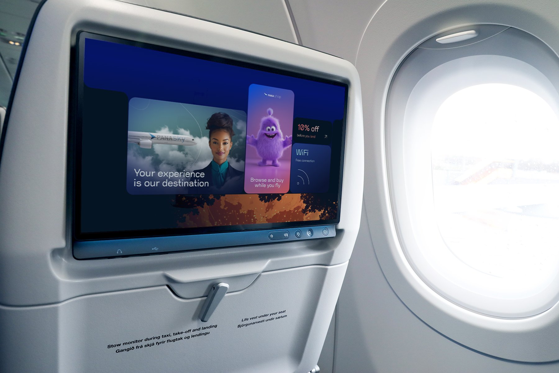 Astrova screen on a seatback showing Panasky overview