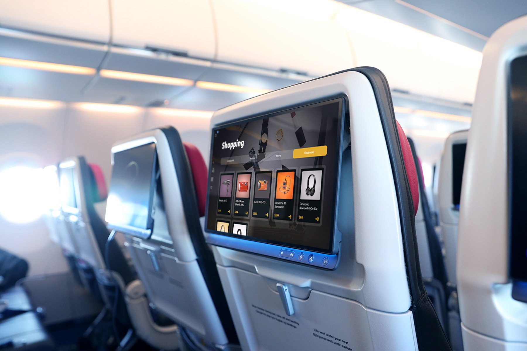Astrova screen on a seatback showing products to shop