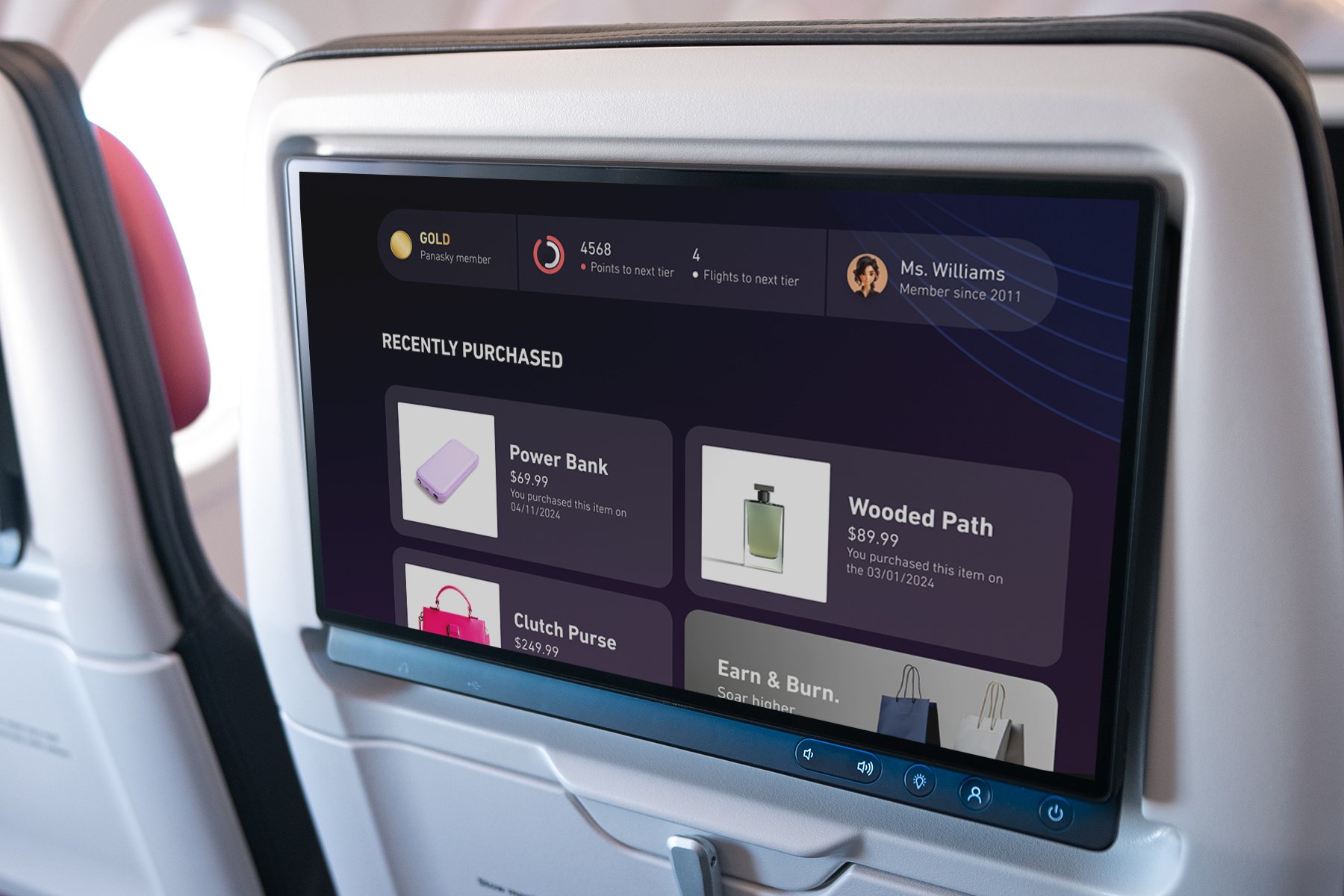 Astrova screen on a seatback showing products to shop