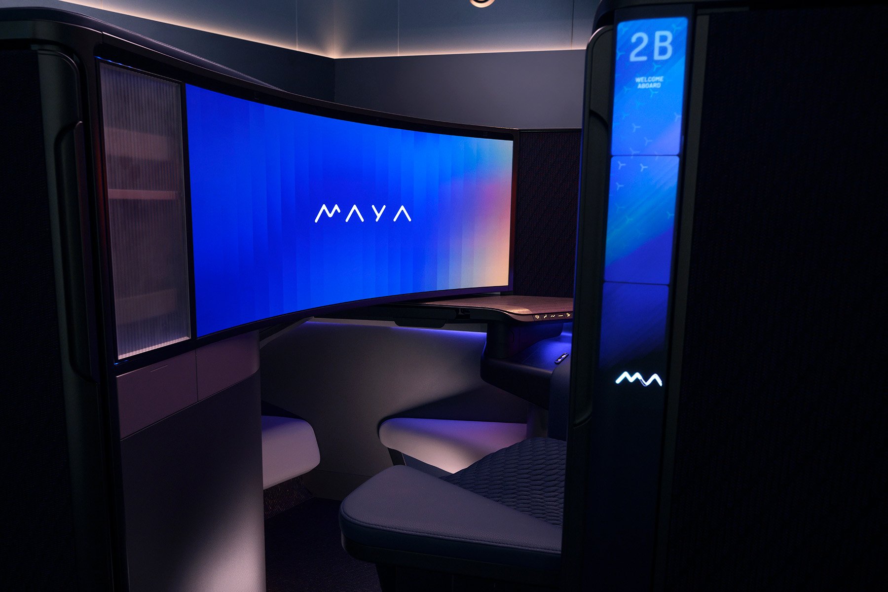 MAYA seat with the word MAYA displayed on the curved screen