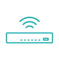 Teal icon of a wireless router with indicator lights and Wi-Fi signal