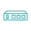 Teal outline of a rectangular network device with a power button and three square ports