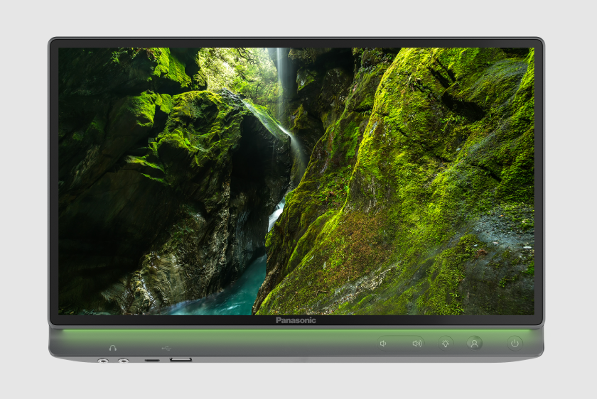 Panasonic monitor displaying a lush, green canyon with a stream