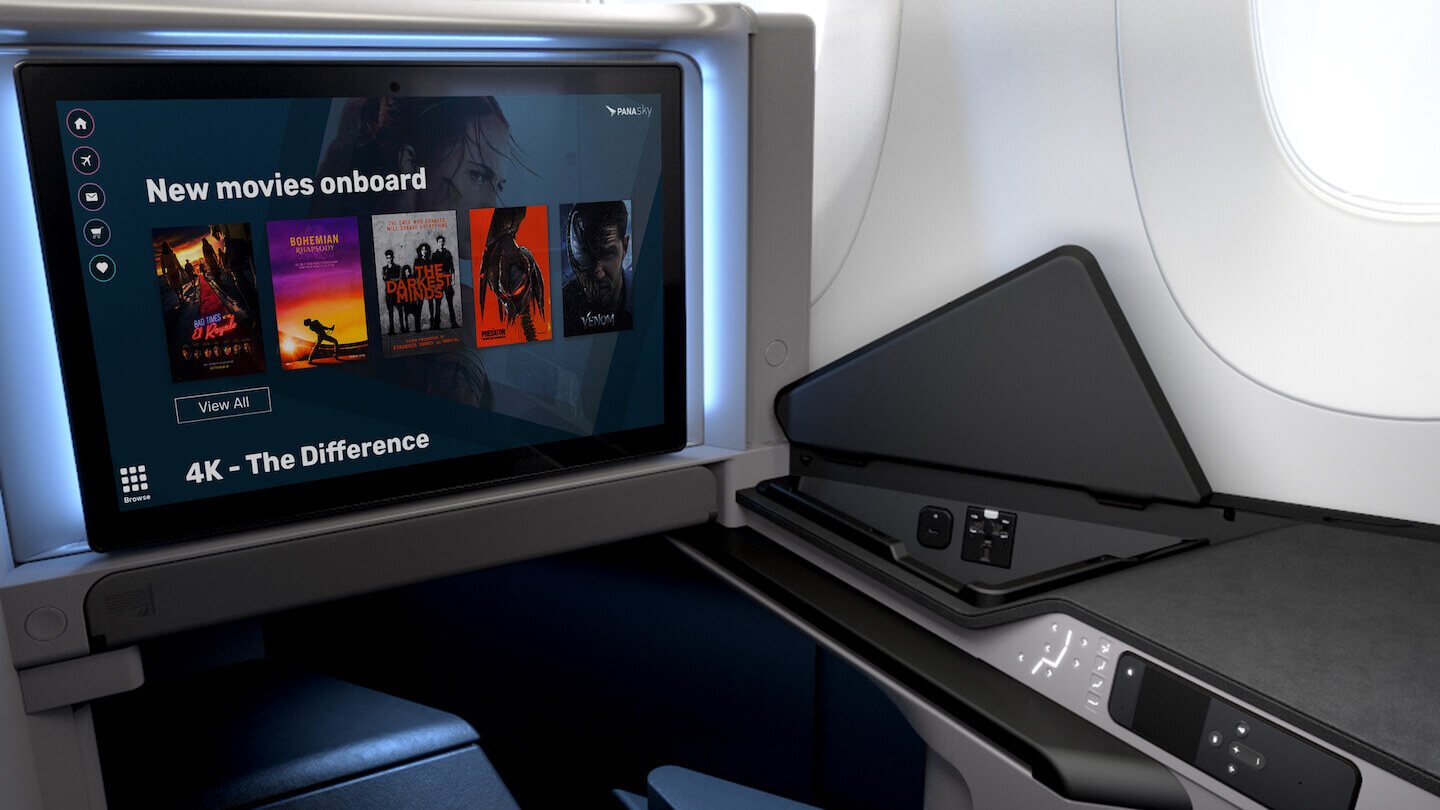 In-flight entertainment system showing new movies onboard with a "4K - The Difference" label