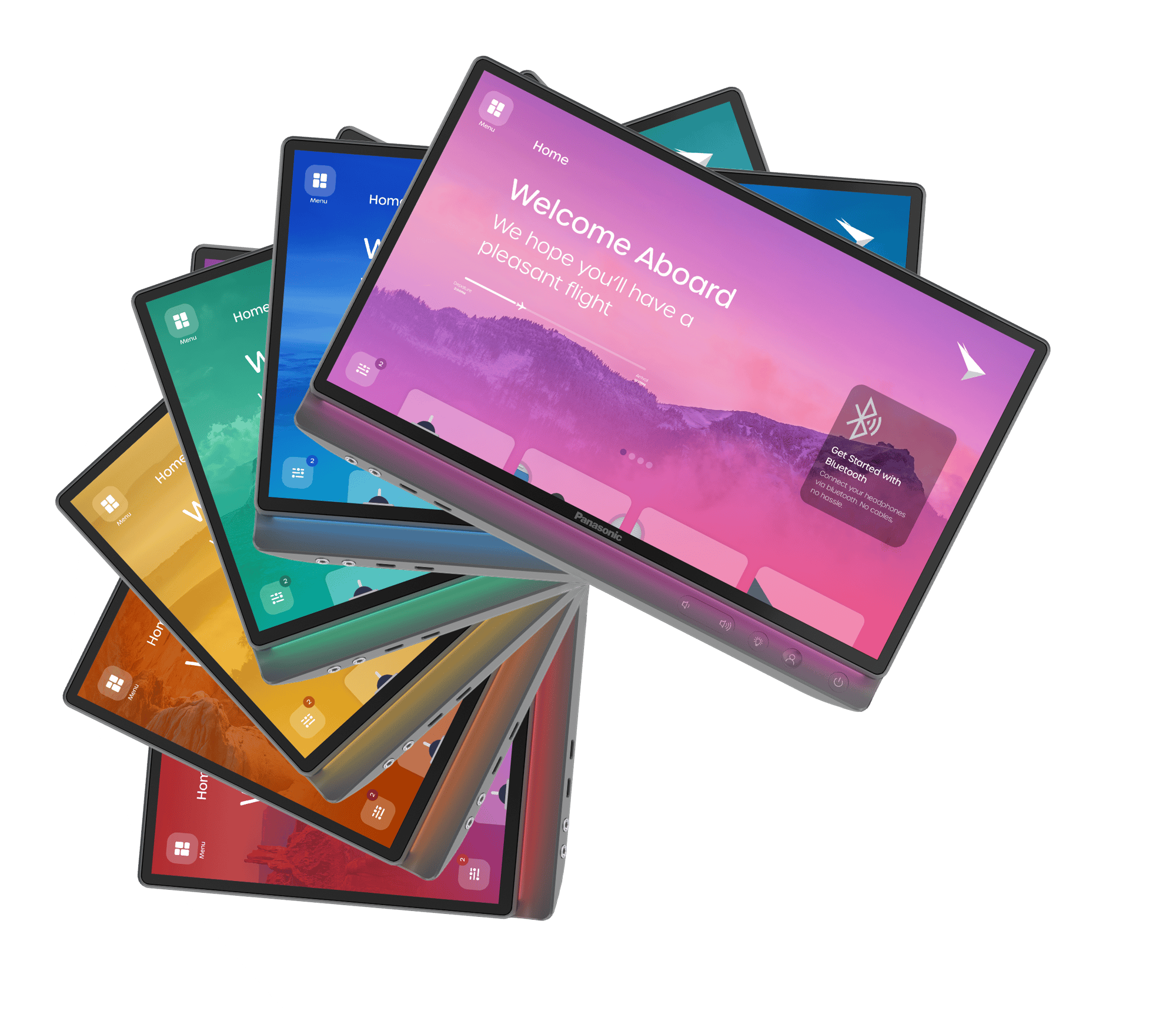 Curved arrangement of eight colorful digital screens displaying welcome messages and various interface elements